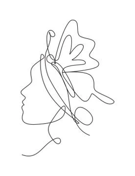 Single continuous line drawing beauty woman with butterfly artwork Stock Illustration
