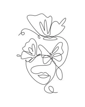 Single continuous line drawing beauty woman with butterfly artwork Stock-Illustration