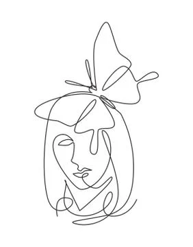 Single continuous line drawing beauty woman with butterfly artwork Stock-Illustration