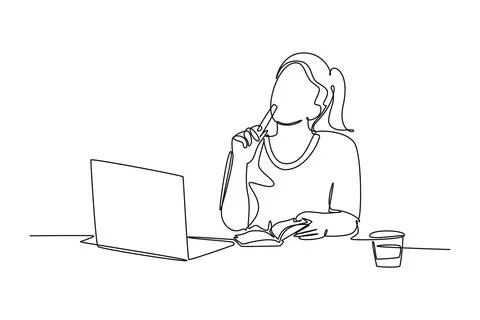 Single continuous line drawing beauty young female employee sitting on her .. Ilustração Stock