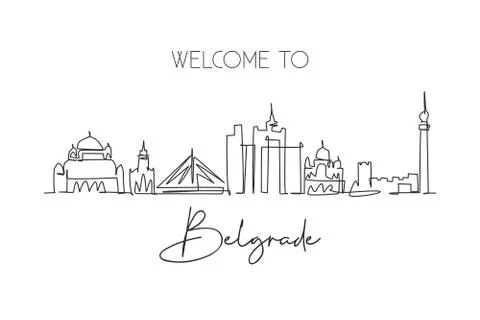 Single continuous line drawing of Belgrade city skyline, Serbia. Famous city Ilustración de archivo