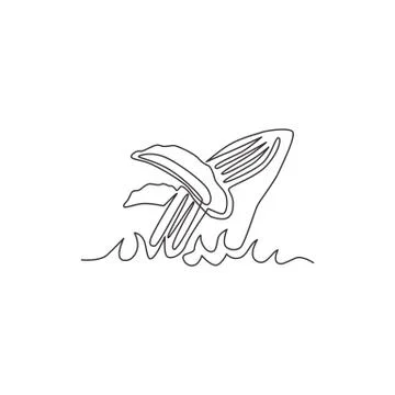 Single continuous line drawing of big whale fish for marine company logo イラスト素材