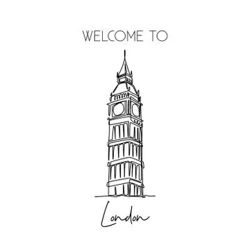 Single continuous line drawing of Big Ben clock tower landmark Stock Illustration