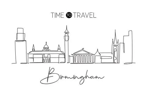 Single continuous line drawing of Birmingham city skyline. Famous city Ilustración de archivo