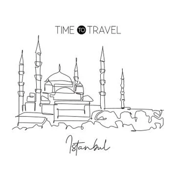 Single continuous line drawing Blue Mosque landmark. Beautiful famous place Illustrazione stock