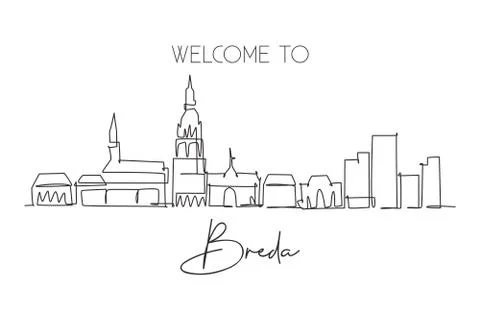 Single continuous line drawing of Breda city skyline, Netherlands Illustrazione stock