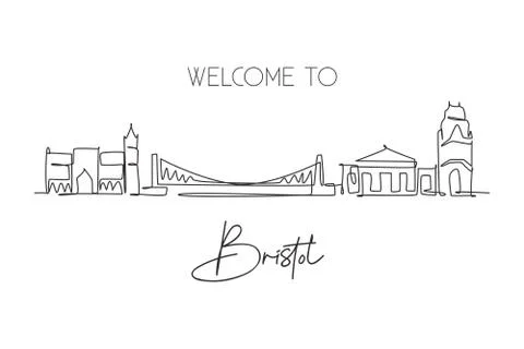 Single continuous line drawing of Bristol city skyline. Famous city Illustrazione stock