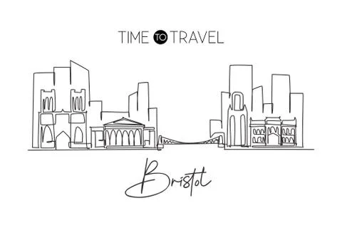 Single continuous line drawing of Bristol city skyline. Famous city Illustrazione stock