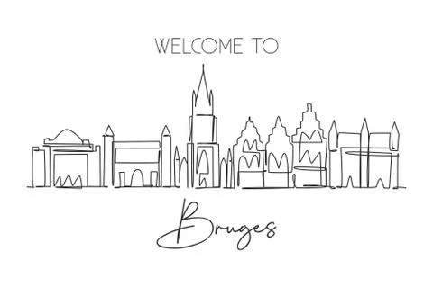 Single continuous line drawing of Bruges city skyline, Belgium Stock Illustration