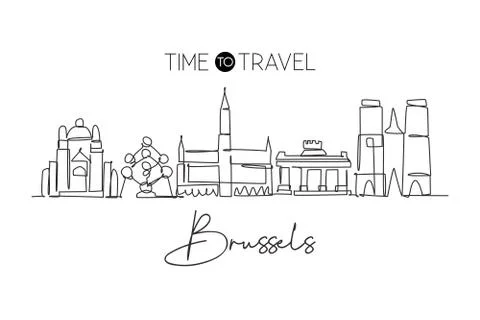 Single continuous line drawing of Brussels city skyline, Belgium Stock Illustration