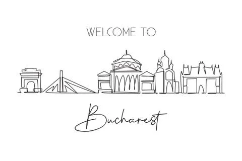 Single continuous line drawing of Bucharest city skyline Romania. Famous city Stock Illustration