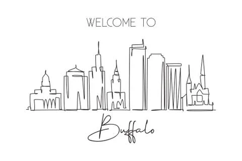 Single continuous line drawing of Buffalo city skyline, USA. Famous city Stock Illustration