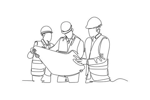 Single continuous line drawing of builder and architect wearing constructio.. Stock Illustration