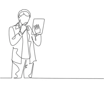 Single continuous line drawing of business man standing while holding tablet Stock Illustration