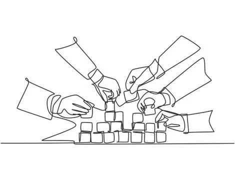 Single continuous line drawing of business team member arrange wooden cube Illustrazione stock
