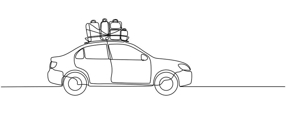 Single continuous line drawing car carrying a lot of luggage on the roof ra.. Stock Illustration