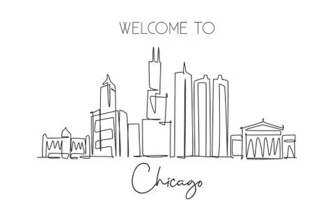 Single continuous line drawing of Chicago city skyline, USA. Famous city Ilustración de archivo