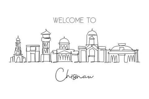 Single continuous line drawing of Chi?in?u city skyline, Moldova. Famous city Illustrazione stock
