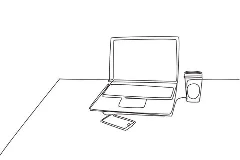 Single continuous line drawing of computer laptop, smartphone, and paper cup Illustrazione stock