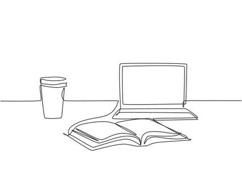 Single continuous line drawing of computer laptop, paper cup of coffee 스톡 일러스트