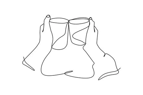 Single continuous line drawing couple toasting healthy juice drinks together  Stock Illustration
