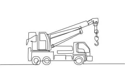 Single continuous line drawing of crane truck for building construction Ilustración de archivo