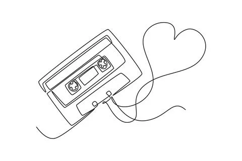 Single continuous line drawing creative retro and vintage cassette tape rib.. Ilustração Stock