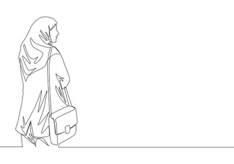 Single continuous line drawing of cute muslimah on traditional arabic cloth Stock Illustration