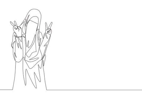 Single continuous line drawing of cute saudi arabian muslimah wearing niqab Stock Illustration