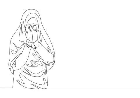 Single continuous line drawing of cute saudi arabian muslimah wearing niqab Illustrazione stock