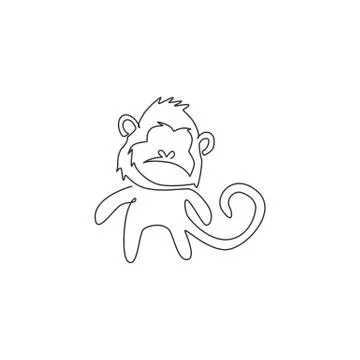 Single continuous line drawing of cute walking monkey for national zoo logo Stock Illustration