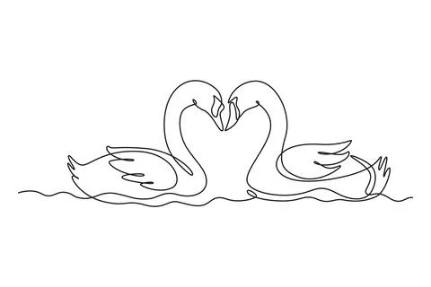 Single continuous line drawing of cute swans couple swimming on lake and th.. Stock Illustration
