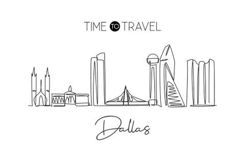 Single continuous line drawing of Dallas city skyline, USA. Famous city Stock Illustration