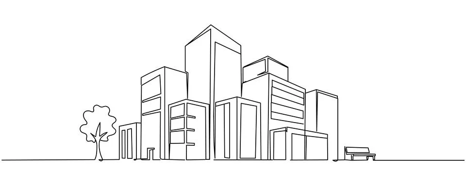 A single continuous line drawing depicting a modest, minimalist city silhouet Stock Illustration