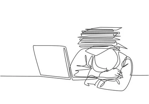 Single continuous line drawing of despair employee got crushed by papers Illustrazione stock