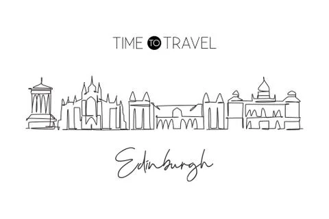 Single continuous line drawing of Edinburgh city skyline Scotland 스톡 일러스트