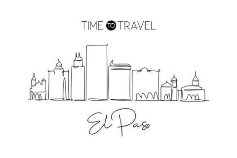 Single continuous line drawing of El Paso city skyline, Texas. Famous city Stock Illustration