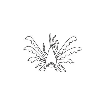 Single continuous line drawing of exotic stripped lionfish for company logo Stock Illustration