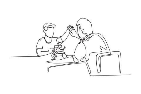 Single continuous line drawing father accompany his kid playing a robot act.. Stock Illustration