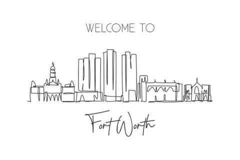 Single continuous line drawing of Fort Worth city skyline, United States Stock Illustration