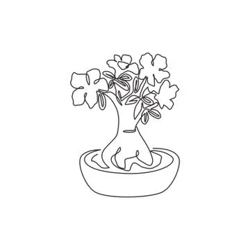 Single continuous line drawing fresh beauty potted adenium for garden logo Stock Illustration