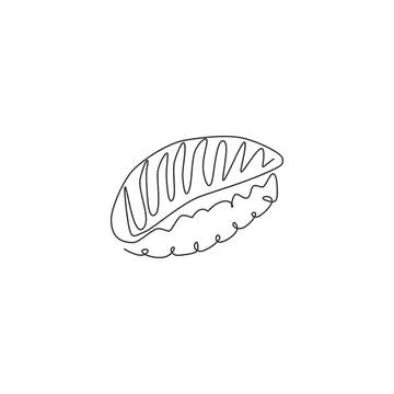 Single continuous line drawing of fresh stylized sushi bar logo label Illustrazione stock