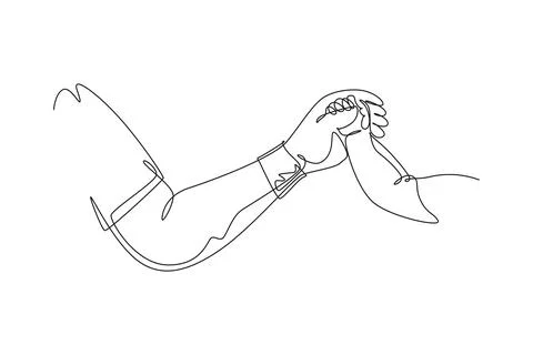 Single continuous line drawing gesture of father giving hand to his child. .. イラスト素材