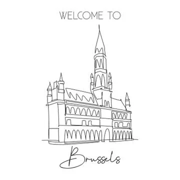 Single continuous line drawing Grand Place of Brussels landmark Illustrazione stock