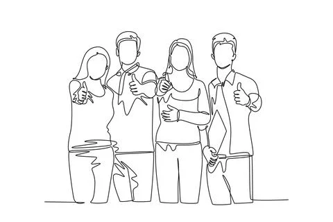 Single continuous line drawing group of happy college students giving thumb.. Stock Illustration