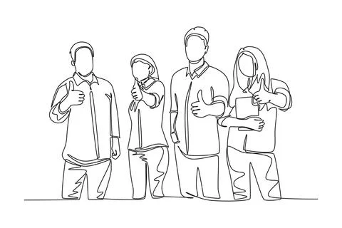 Single continuous line drawing group of happy college students giving thumb.. Stock Illustration