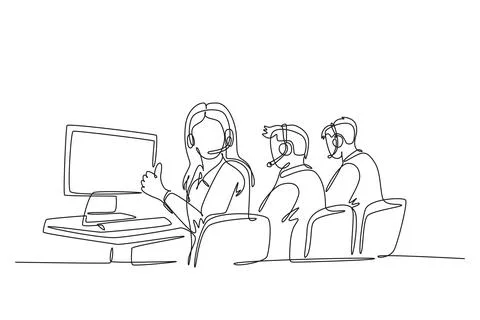 Single continuous line drawing group of male and female call center workers.. Stock Illustration