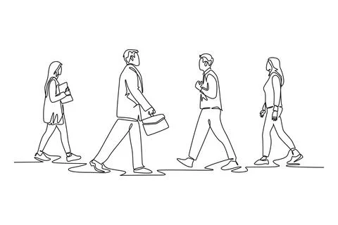 Single continuous line drawing group urban commuters walking pass over and .. Ilustração Stock