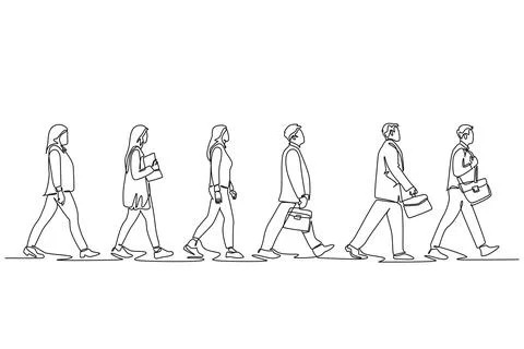 Single continuous line drawing group urban male and female commuters walkin.. Stock Illustration