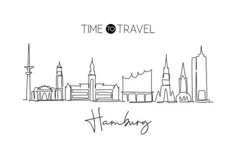 Single continuous line drawing of Hamburg city skyline Germany. Famous city Illustration
